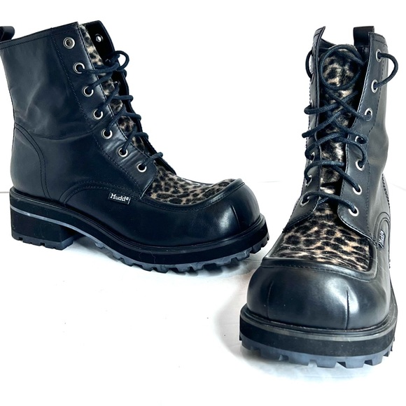 Retro Mudd Boots Combat Moto Y2K Leopard Black Genuine Leather 10 Lace Up - Picture 15 of 17